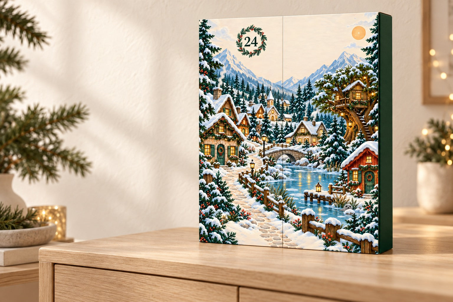 Simulation du calendrier Joliforge ouvert, village de Noël à 24 fenêtres